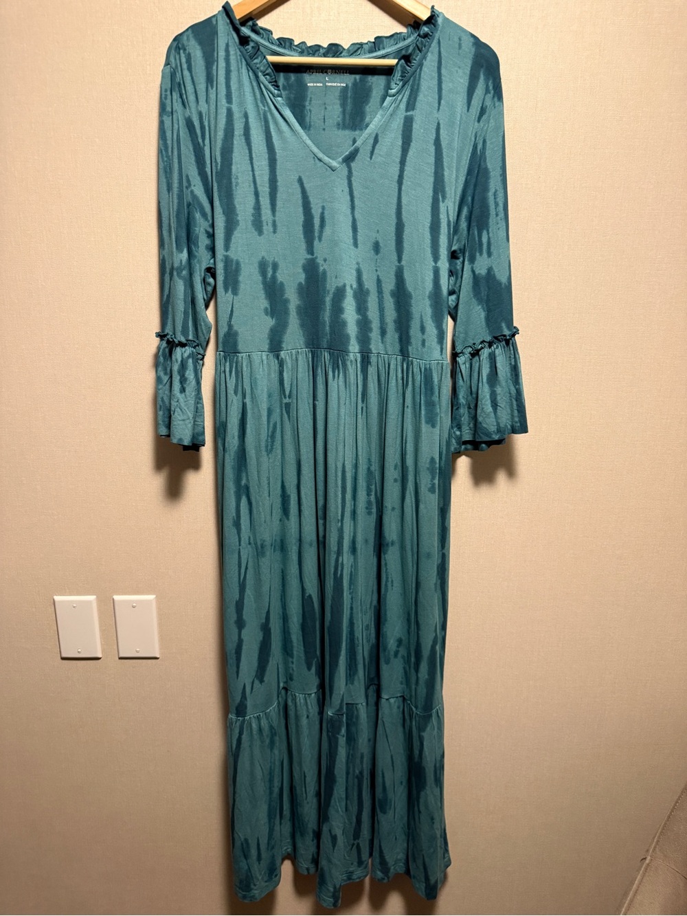 April Cornell Teal Tie Dye Ruffle Maxi Dress Size Large Boho Cottagecore